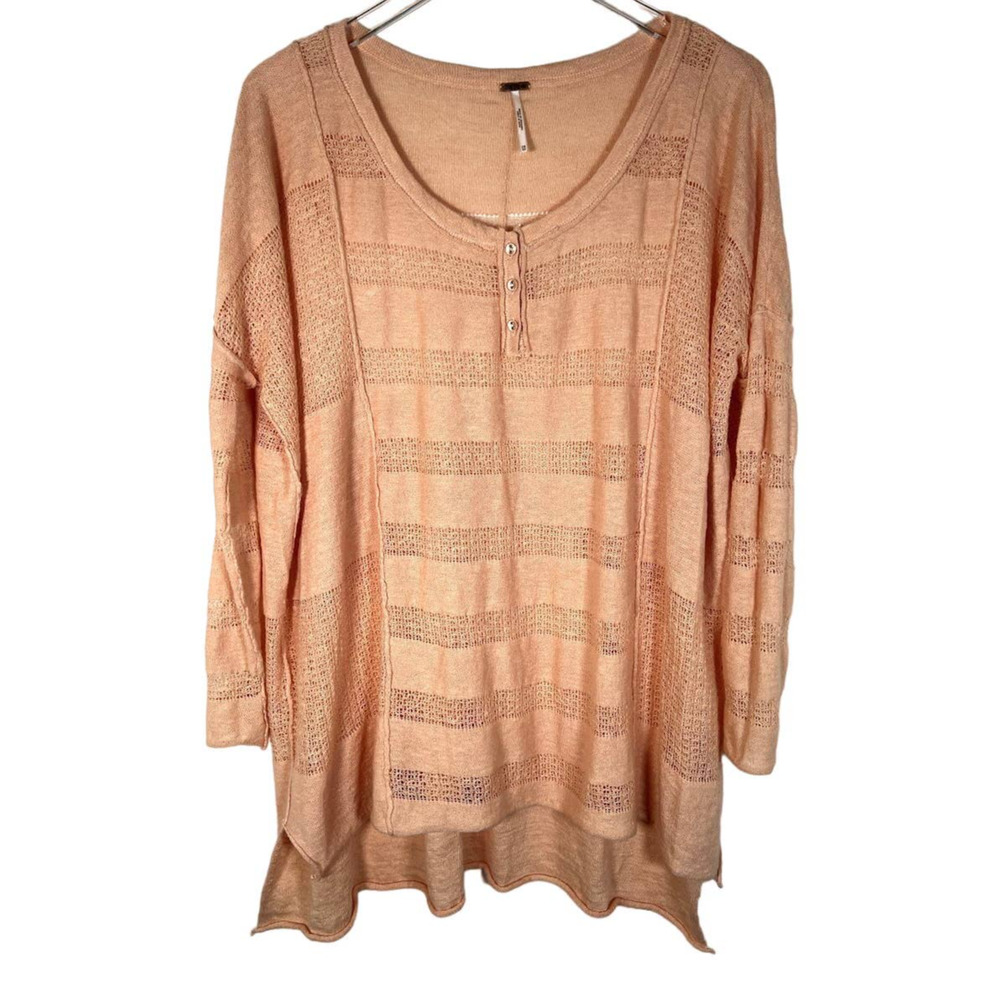 Free People Women's Oversized Henley Tunic Top XS Creamy Peach Sheer Crochet